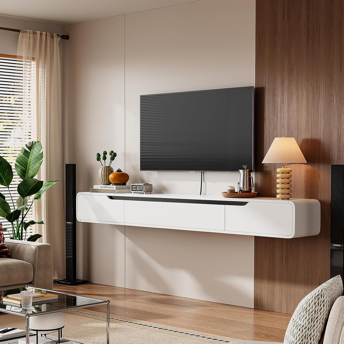 Fully-Assembled Floating TV Stand with Drawers, 55IN High Gloss Wall Mounted Entertainment Center, Modern Media Console with Storage, Under TV Shelf for Bedroom Living Room White