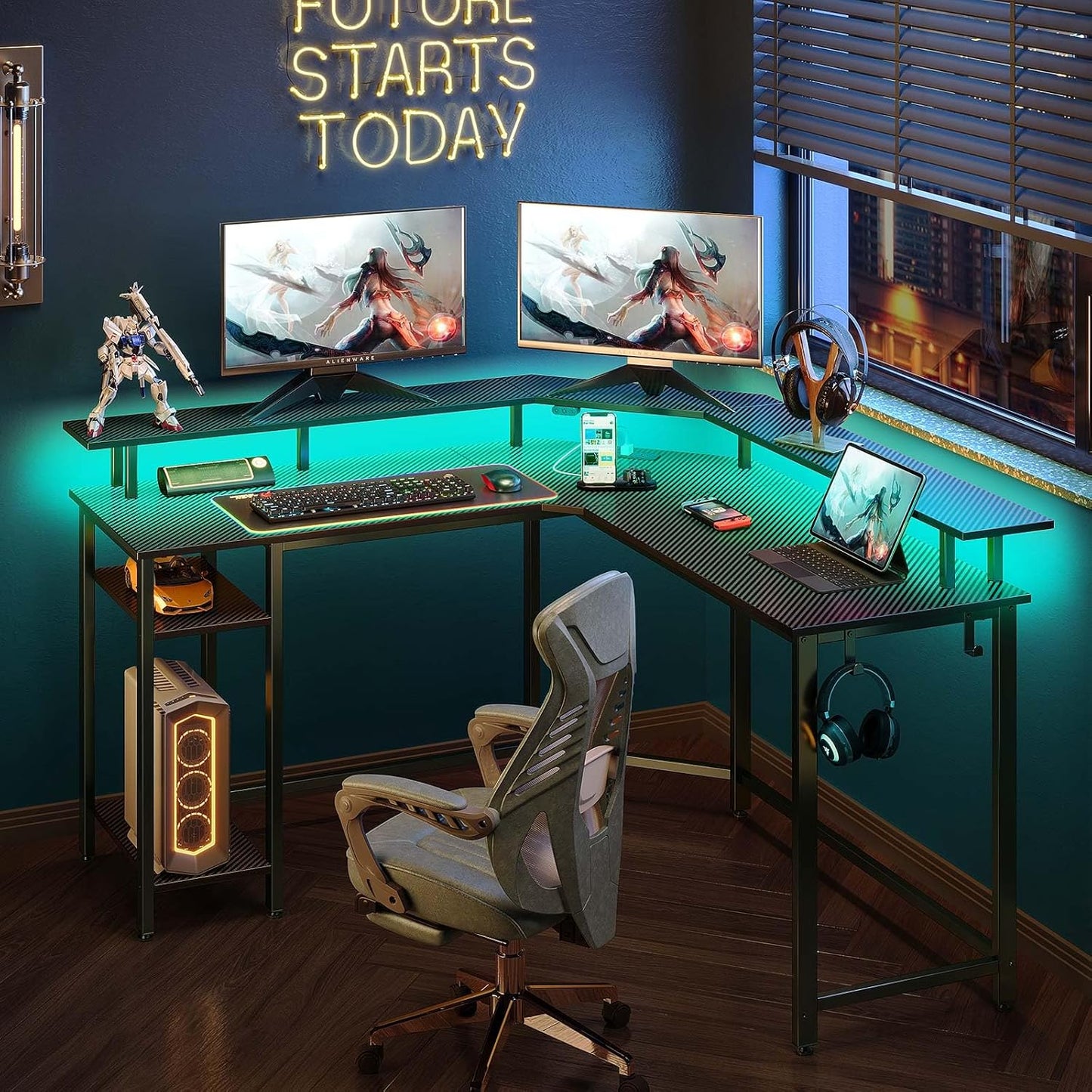 Rolanstar L Shaped Gaming Desk with LED Lights & Power Outlets, 53" Computer Desk with Full Monitor Stand & Storage Shelf, Corner Desk with Hooks, Carbon Fiber Desk Reversible