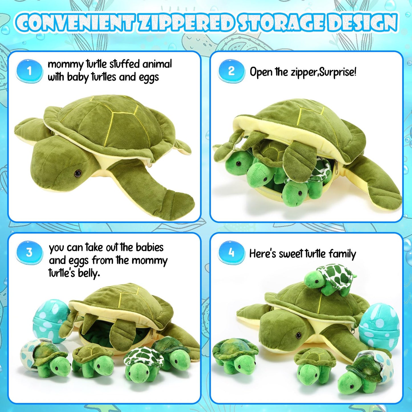 Aoriher 6 Pieces Sea Turtle Stuffed Animal with Babies 12" Mommy Stuffed Sea Turtle with 3 Little Plush 2 Plush Eggs Soft Pillow Tortoise Hugging Gifts for Kids Birthday Baby Shower Party(Classic)