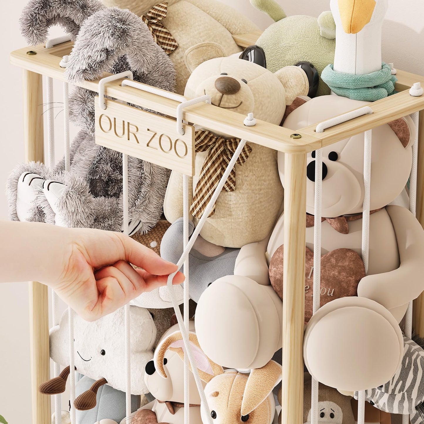 EXPERLAM Stuffed Animal Storage, Wood Stuffed Animal Zoo with Toy Chest, Vertical Stuffed Animal Holder with Thicker Elastic Band, Plushies Storage for Playroom, Living Room, Nurseryroom, Bedroom