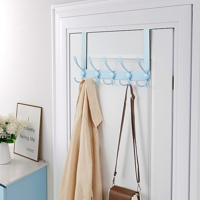 Dseap Over The Door Hook Hanger - 5 Tri Hooks, Heavy Duty Over The Door Towel Rack Coat Rack for Clothes Hat Towel,Blue
