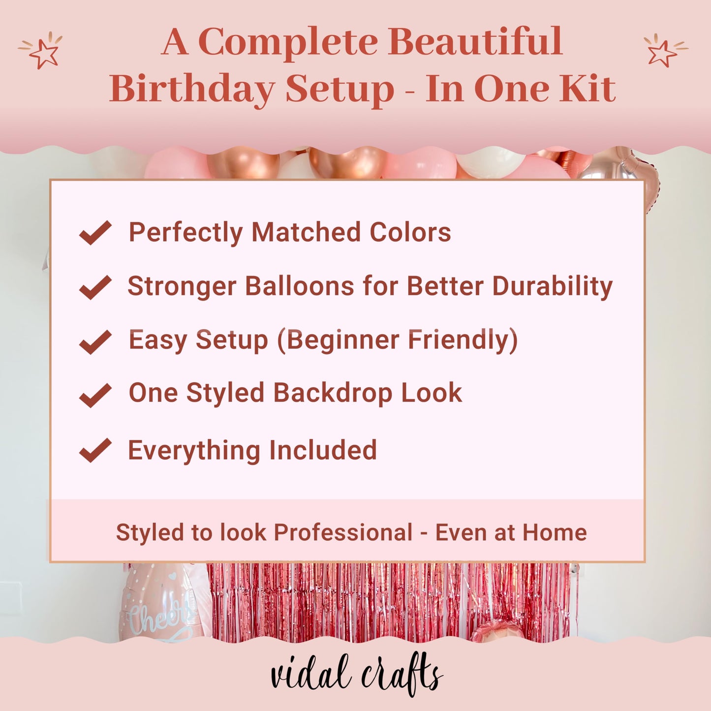 VIDAL CRAFTS 71-Piece Rose Gold Birthday Decorations for Women - Party Backdrop with Latex, Foil & Confetti Balloons, Happy Birthday Decorations Banner & Rose Gold Foil Fringe Curtains