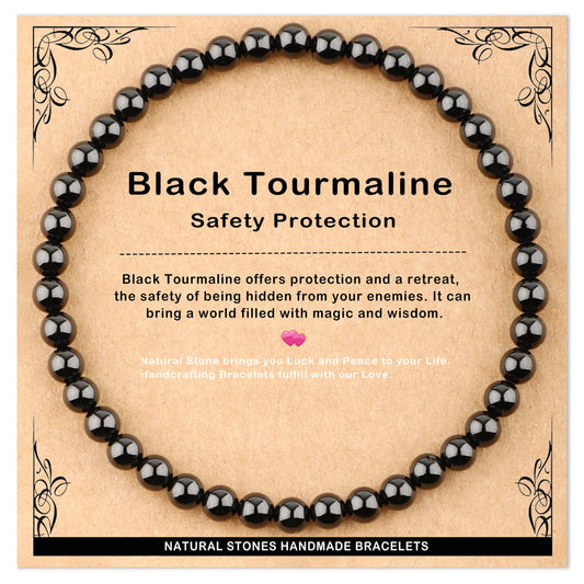 AD Beads 4mm Handmade Black Tourmaline Elastic Bracelet – Natural Gemstone for Safety Protection – Meditation, Yoga, Healing and Energy Gift for Men Women