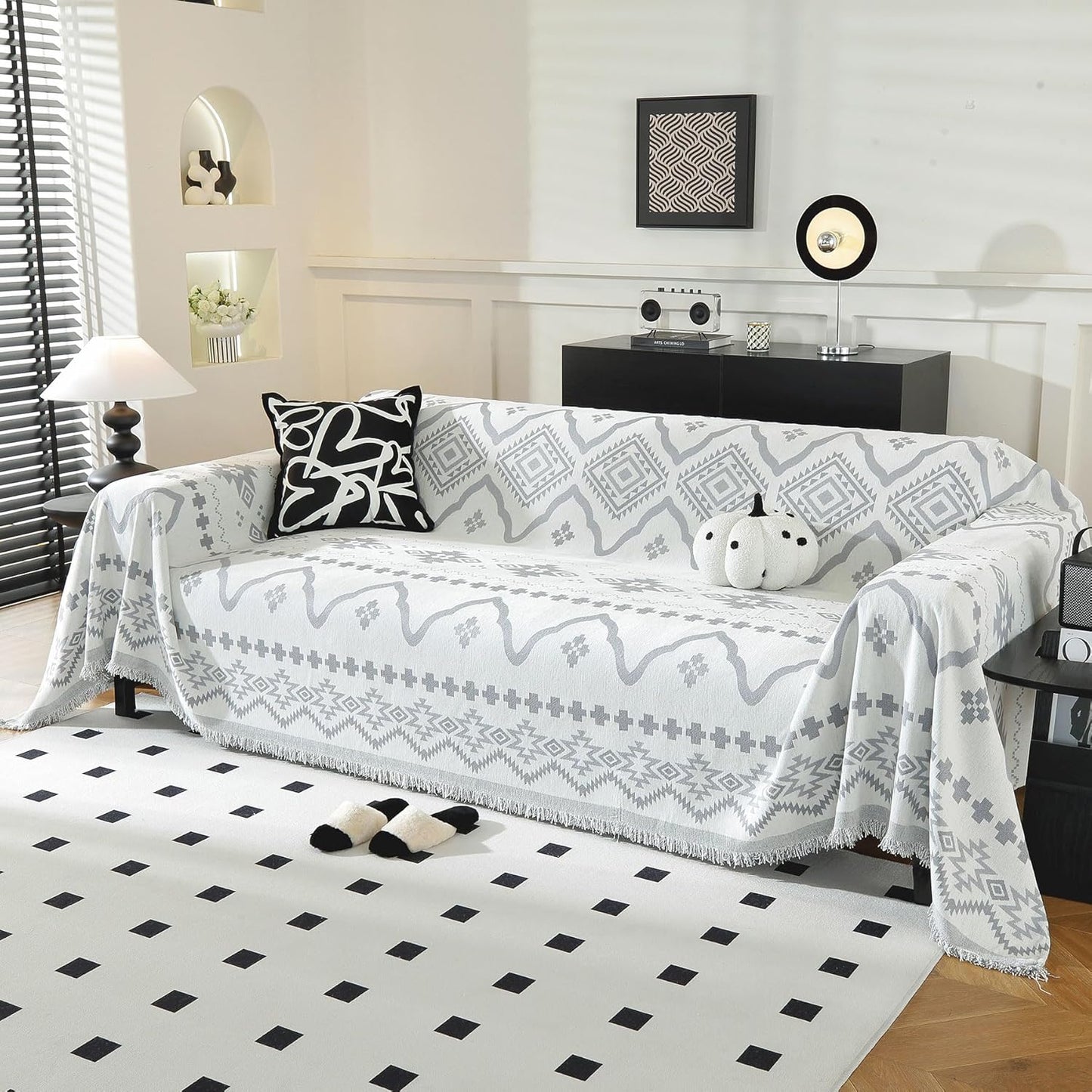 LUFEIJIASHI Boho Couch Covers for Sofa Non Slip Sofa Covers Washable Couch Covers for 3 Cushion Couch Sofa Pet Friendly Sectional Couch Cover Blanket Furniture Protector for Dogs (Grey, 91"x150")