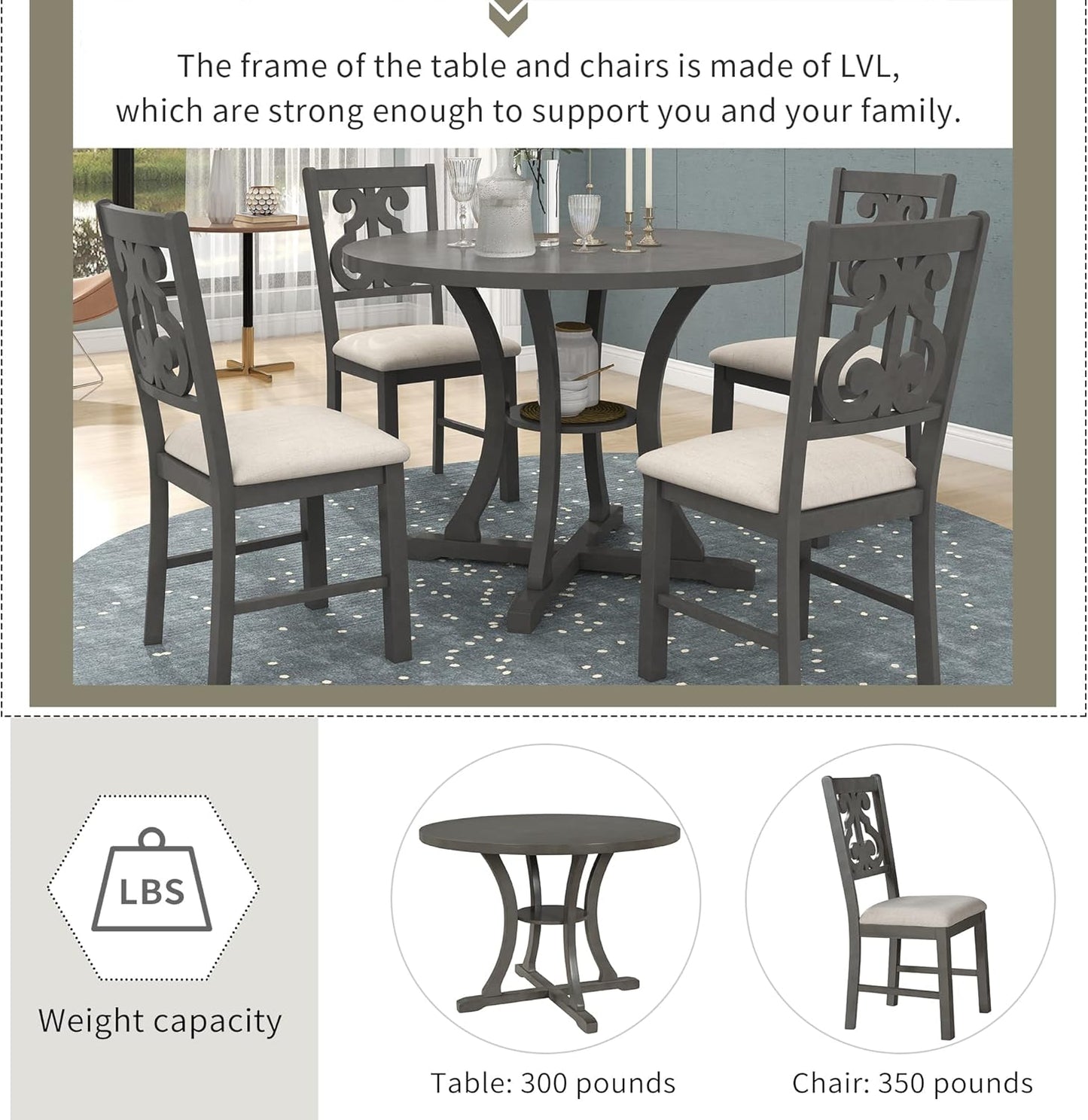 Merax 5 Piece Round Dining Table Set 4 Retro Chairs with Special-Shaped Table Legs, Exquisitely Designed Hollow Chair Back for Dining Room, Gray