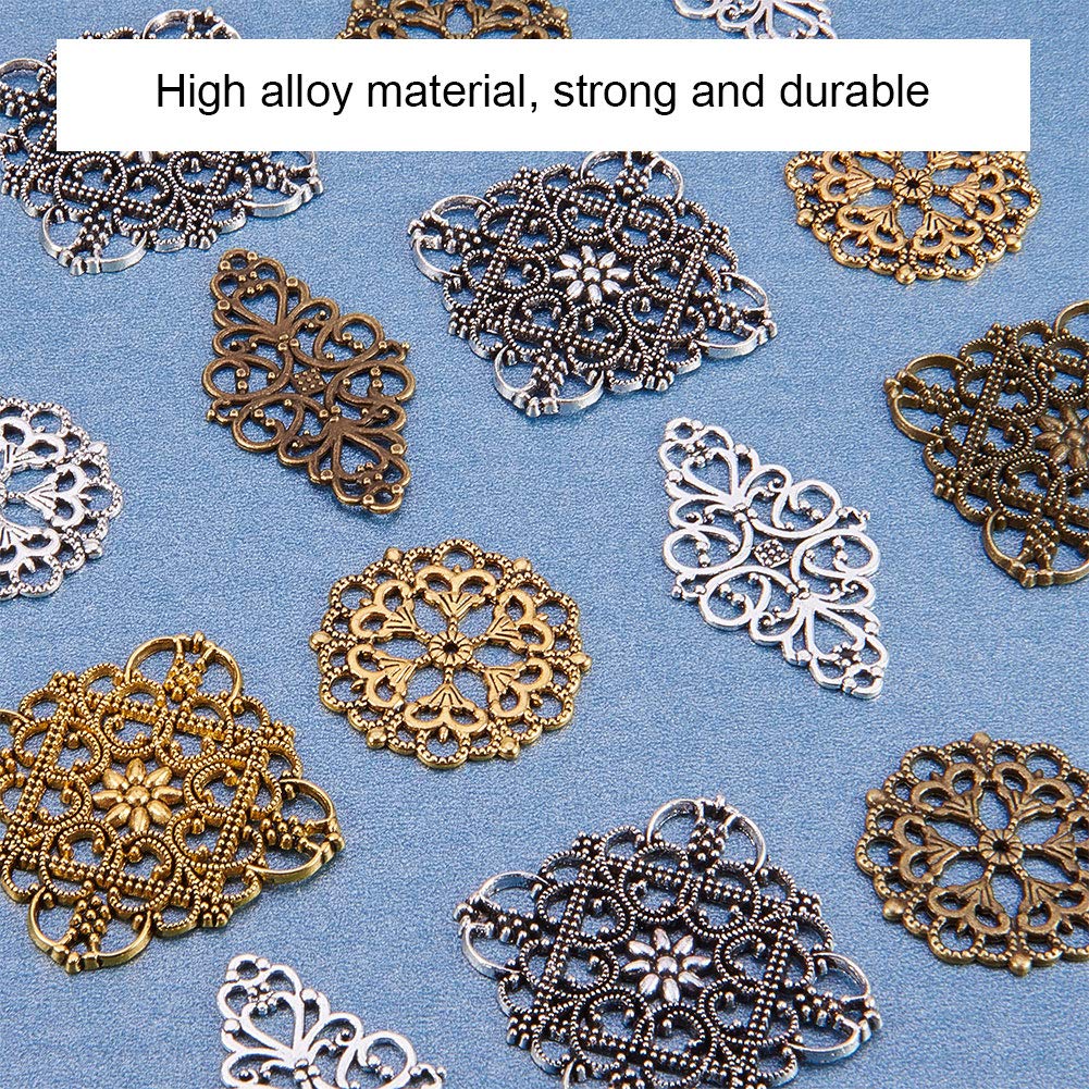 PH PandaHall 40pcs Filigree Connectors, 3 Color Rhombus Flower Charms Hollow Pendants Tibetan Metal Filigree Embellishments for DIY Hairpin Headwear Earring Necklace Jewelry Making