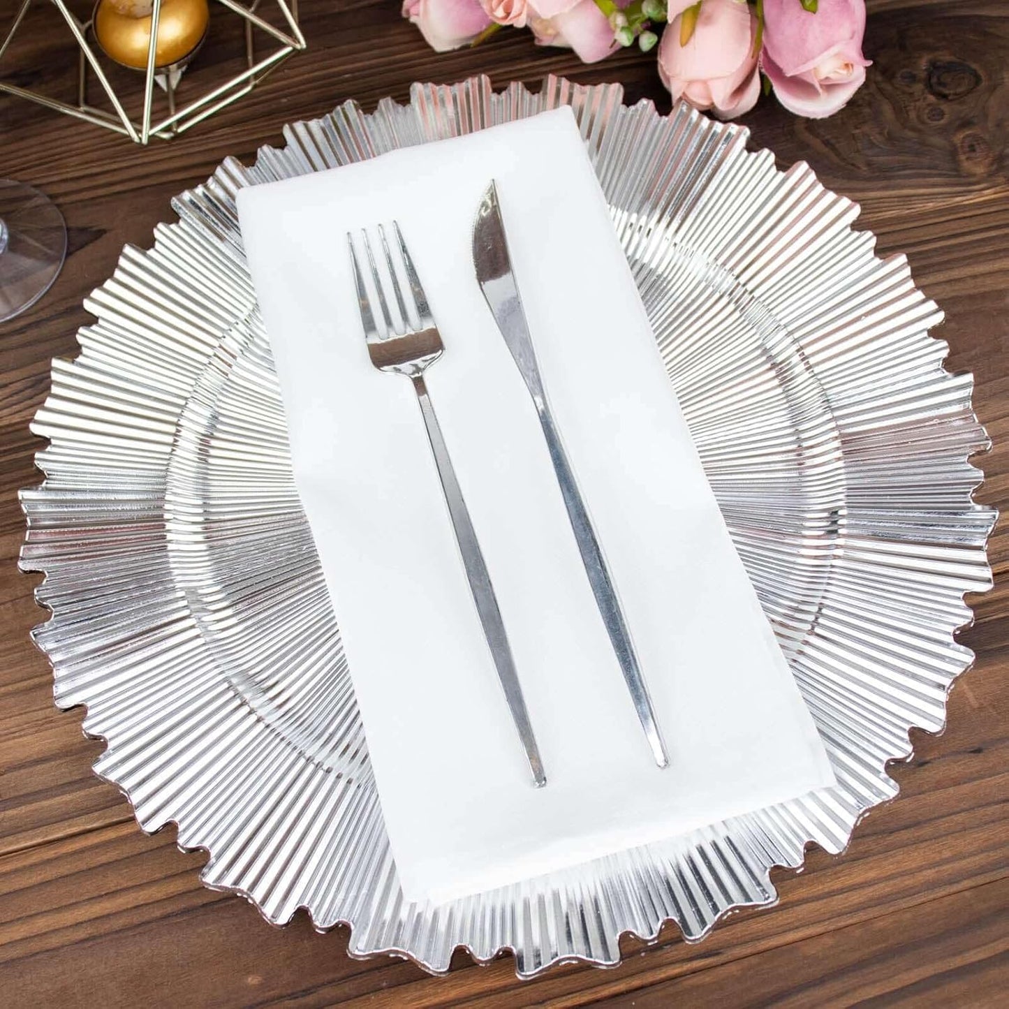 Efavormart 6 Pack | 13" Metallic Silver Sunray Acrylic Plastic Serving Plates, Round Scalloped Rim Disposable Charger Plates