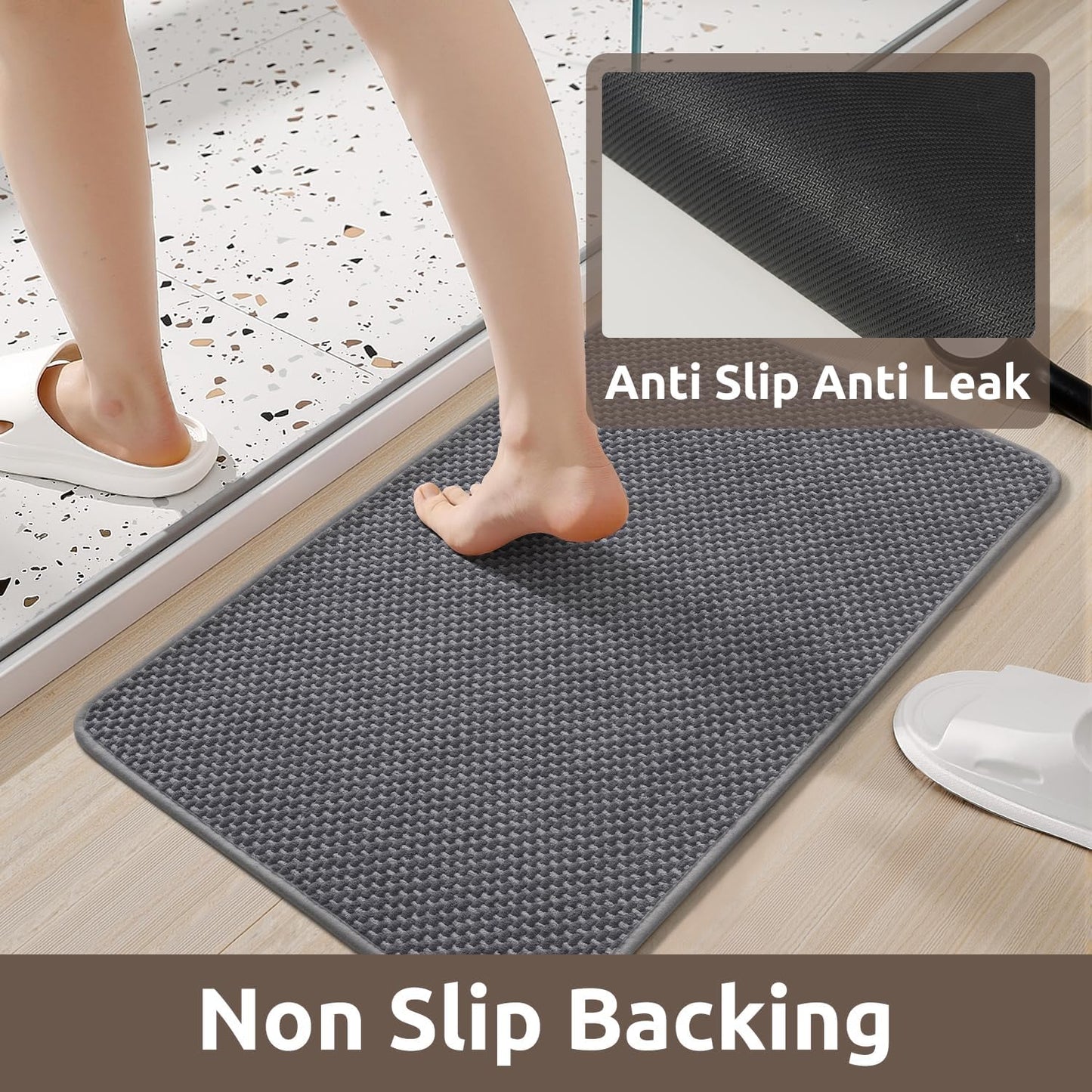 AMOAMI Chenille Bath Mat Super Absorbent Bathroom Mat Quick Dry Bath Mats for Bathroom Rubber Backed Bathroom Rugs Non Slip Washable Fit Under Door, Front of Bathtub, Sink, Darkgrey&LIGHTGREY 24"x36"
