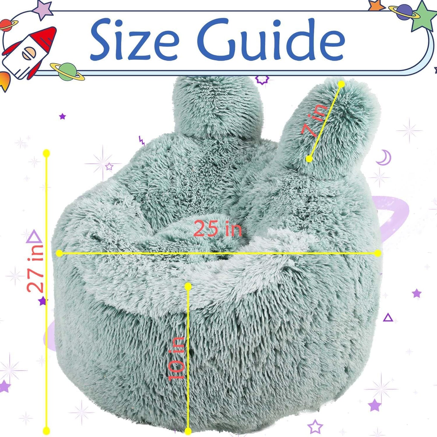 Bean Bag Chair for Kids with Plush Faux Fur Cover, 2.5FT Memory Foam Filled Bean Bag for Teens & Kids, Lazy Sofa for Living Room/Bedroom/Dorm, Rabbit-Ears Design