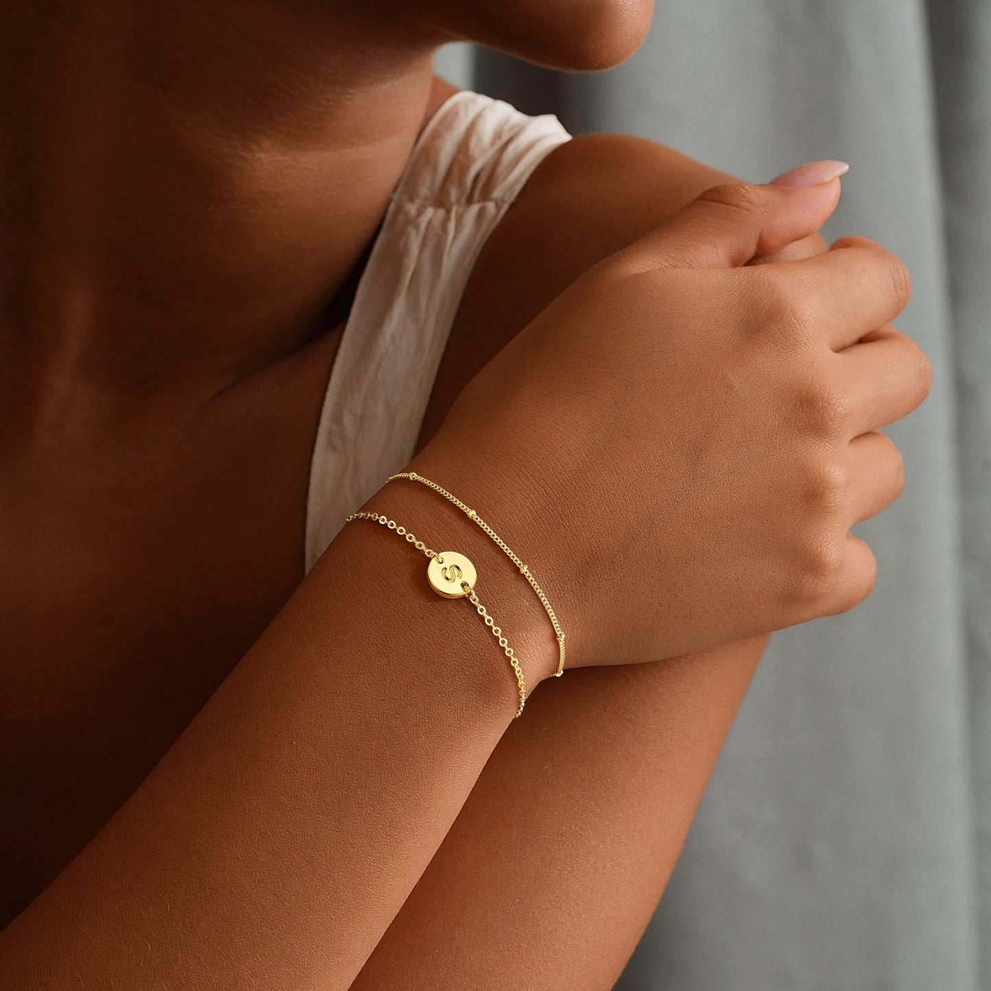 MONOZO Gold Initial Bracelets for Women, Dainty 14K-gold-plated Layered Beaded S Letter Initial Bracelet Personalized Alphabet Disc Monogram Charm Bracelet Jewelry Gifts