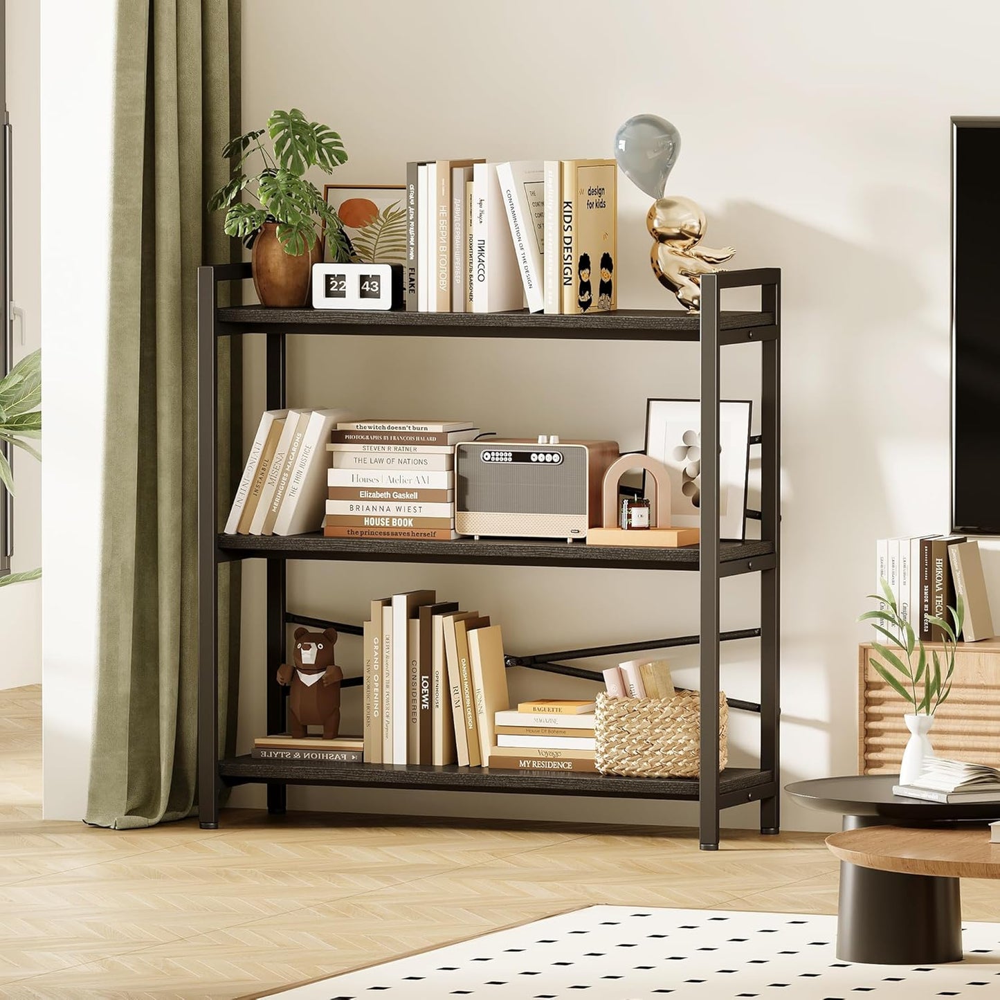 Book Shelf, 3 Tier Bookshelf 31.49" Width, Book Shelf Storage and Organization, Wooden and Metal Industrial Bookcase, Large Book Shelves for Home Living Room Bedroom Office Storage(Black)