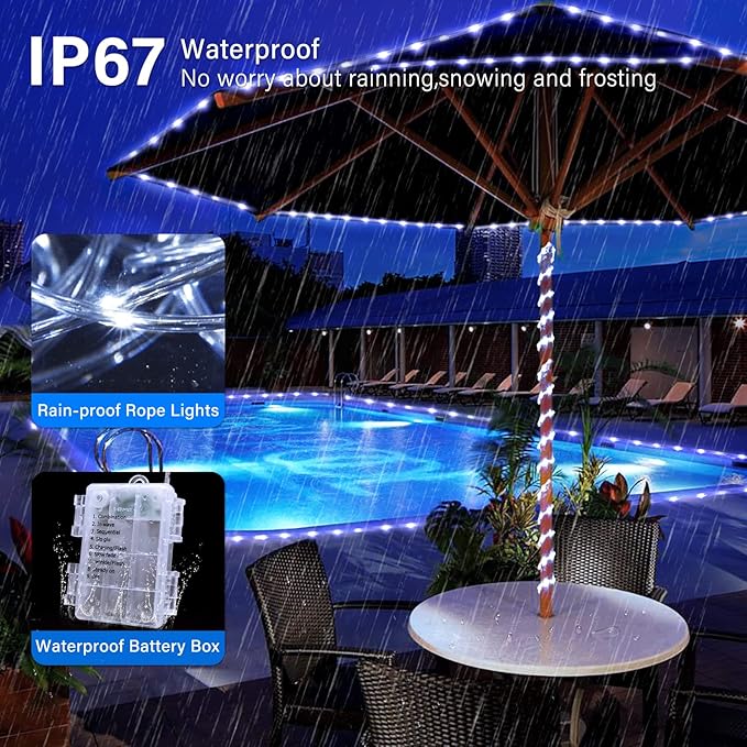 JMEXSUSS 2 Pack White Christmas Lights Battery Operated Rope Lights Outdoor Waterproof, Total 200 LED 8 Modes Battery Powered String Light with Remote for Tree Christmas Decorations
