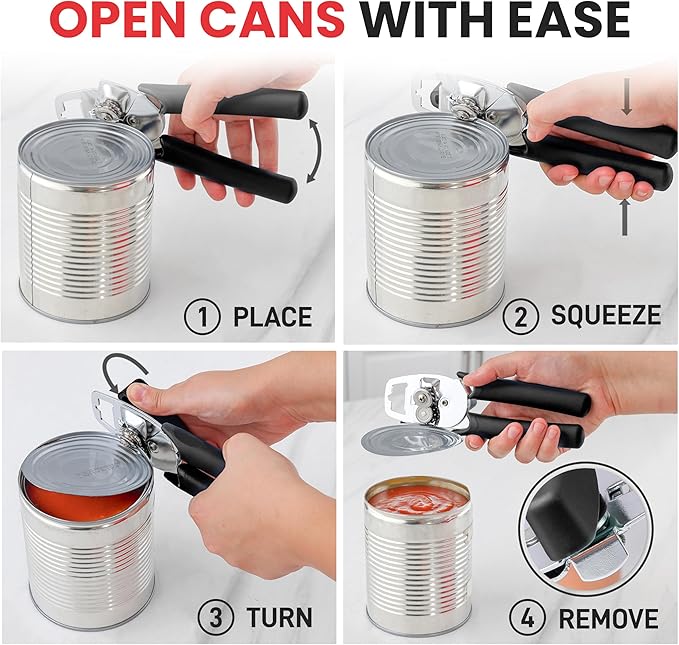 Zulay Kitchen Heavy Duty Stainless Steel Manual Can Opener – Ergonomic Soft Grip Handles, Smooth Edge Cutting Wheel & Large Built In Bottle Opener – Easy Turn Knob for Effortless Use - Black