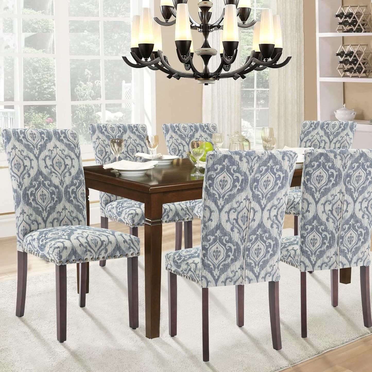 Parsons Dining Chairs Set of 4, Upholstered Nailhead Dining Room Kitchen Side Chair with Thick Cushions and Wood Legs, White/Blue