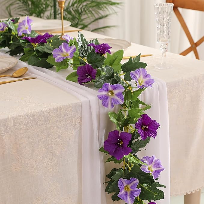 Floweroyal 2 Pack Artificial Flower Garlands 15.8FT Fake Morning Glory Vines Silk Flowers Hanging Garland Ivy for Wedding Arch Party Home Garden Wall Decor (Purple)