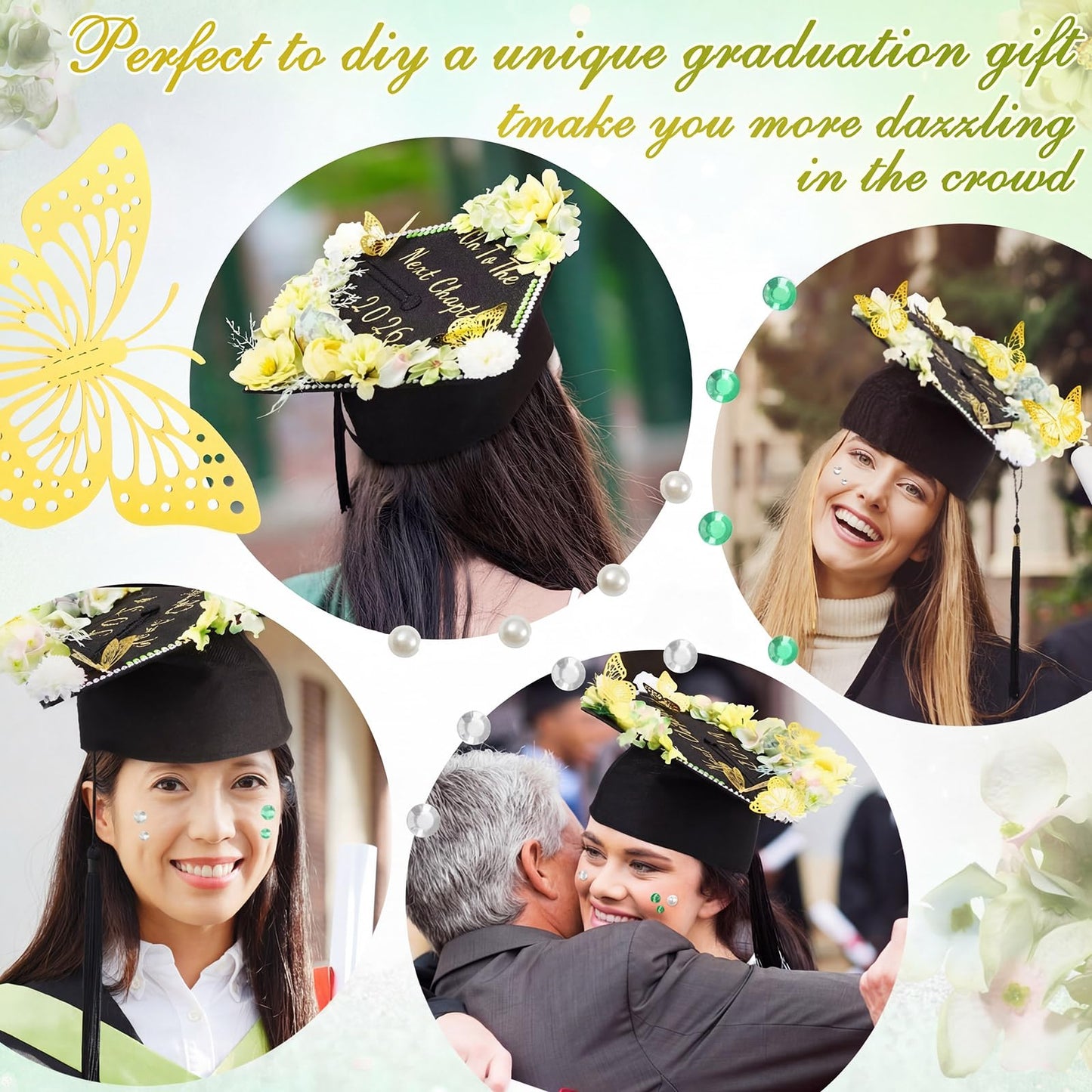 Hoteam DIY Graduation Cap Decorations Kit Included Faux Flowers 3D Butterfly Self Adhesive Rhinestones Glitter Alphabet Letter Stickers for 2026 Grad Cap Topper Party Gifts Decor(Green)