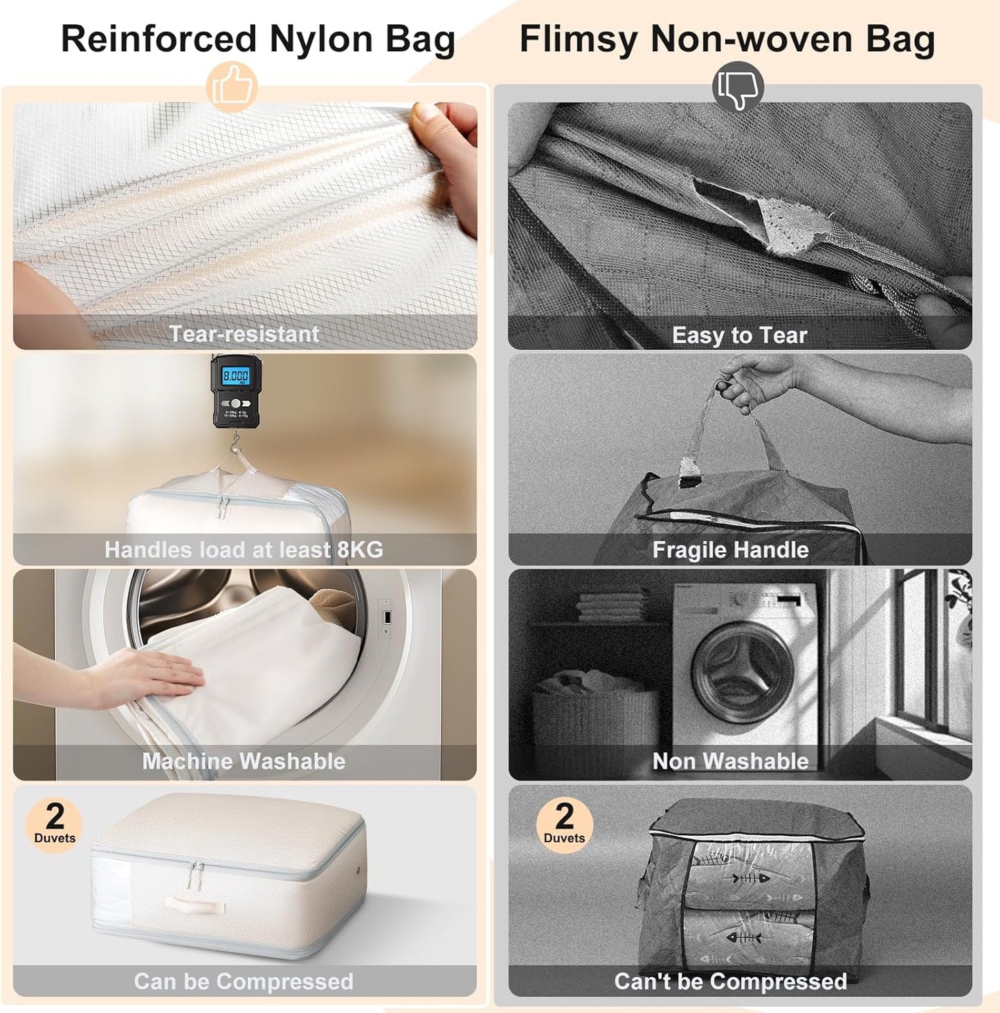 DIMJ Comforter Storage Bag - Large Capacity Ultra Space Saving Self Compression Organize for Duvet, Pillow, Bedding, Blanket Storage Organizer Nylon Compression Bags, Sheet Storage, Beige, 4 Pack