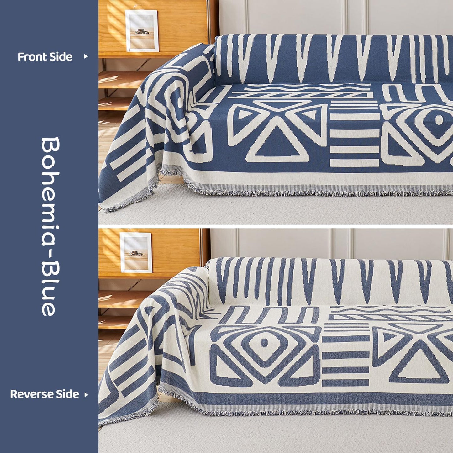 STACYPIK Thick Boho Couch Covers for Dog Cat, Modern Blue Triangle Sofa Cover for Living Room, Reversible Furniture Protector for 3 Cushion Couch, Anti Slip Jacquard Loveseat Covers for Sofa-71X118IN