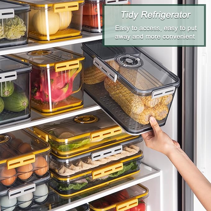 CottonColors Fridge Organizer, Food Storage Containers With Lids for Timer & Drain Board Stackable Refrigerator Organizers and Storage（Tall, Large, 4.5 L）