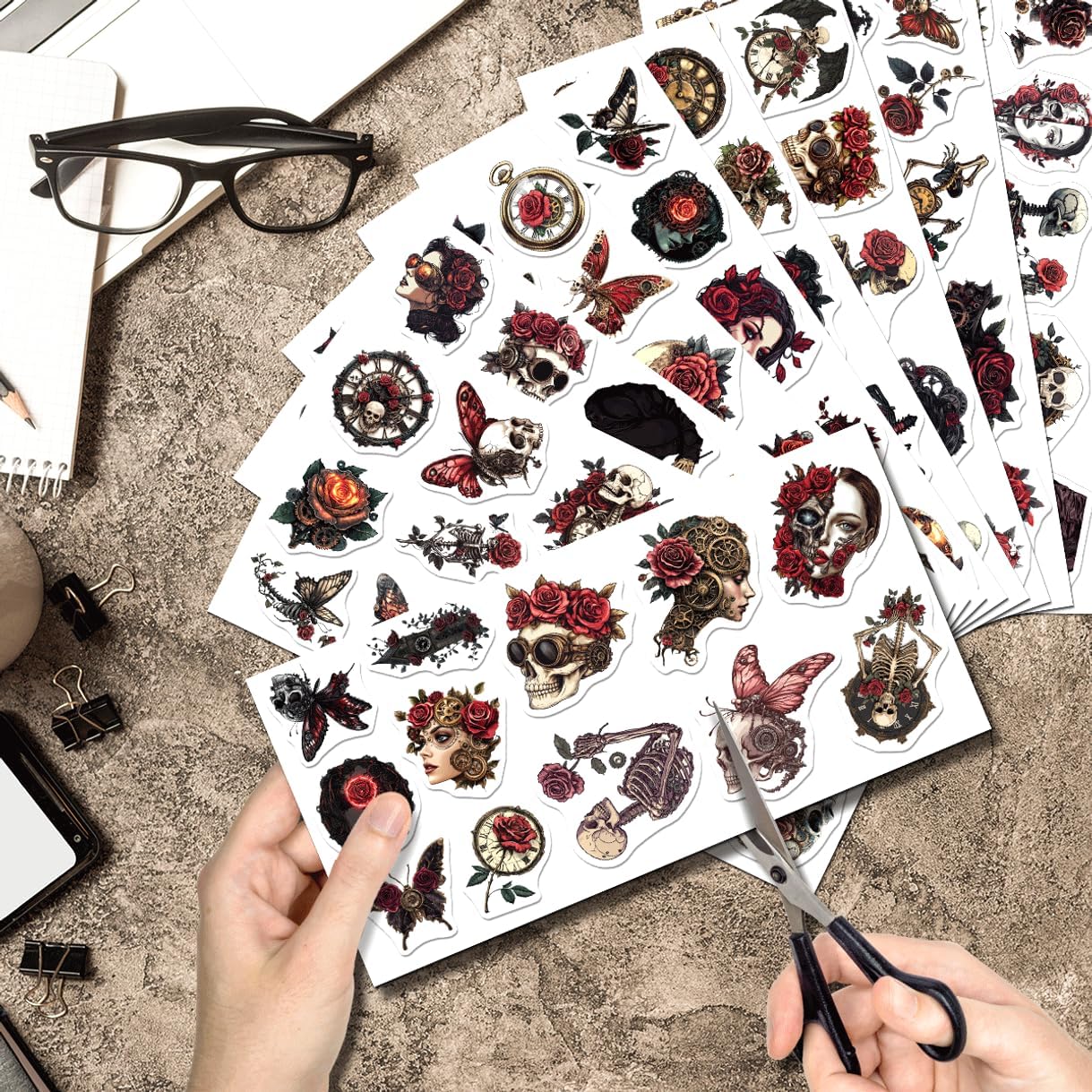 Gothic Steampunk Skeleton Rose Stickers Pack 108Pcs Vinyl Skull Clockwork Butterfly for Laptops Water Bottles Journals DIY Crafts Halloween Decor Car Hat Phone
