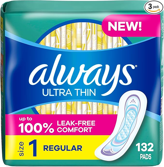 Always Ultra Thin Pads without Wings, Size 1, Regular, 132 Count (3 Packs of 44)