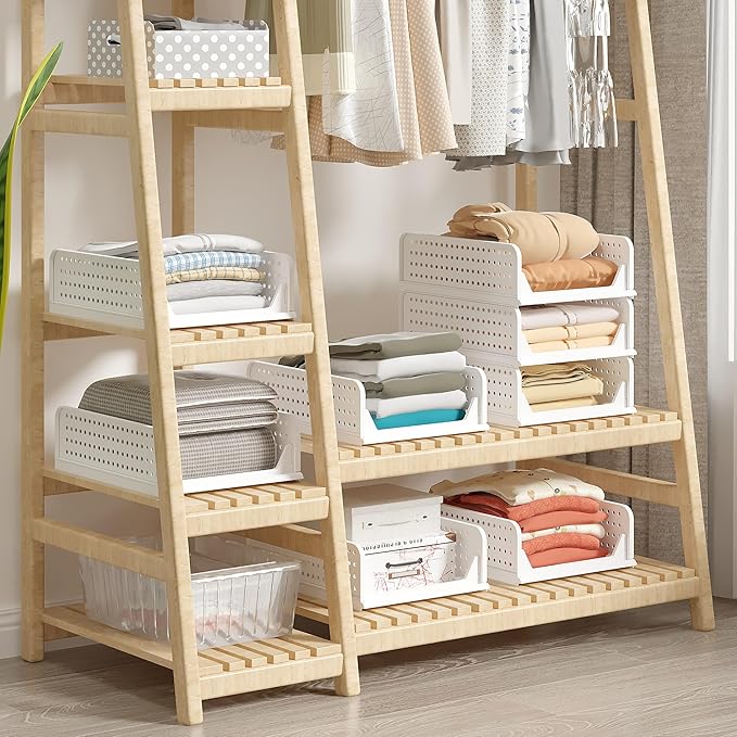 VECELO 4 Pack Plastic Closet Shelf Organizer, Stackable Sweater Storage Closet Drawers, Foldable Wardrobe Organizer, Easy Assembly, Durable and Space Saving for Closet, Bathroom, Kitchen, Gray