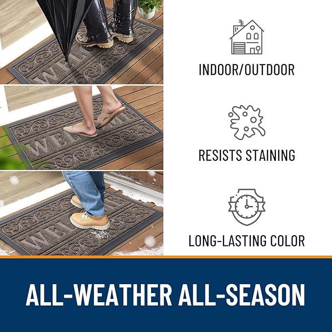 OLANLY Welcome Door Mat Indoor Outdoor Entrance, Heavy Duty Sturdy Front Door Mat, Waterproof All-Weather Doormat, Stain Resistant, Low Profile, Easy Clean Patio Entryway Mat, 47 x 32, Medium Brown
