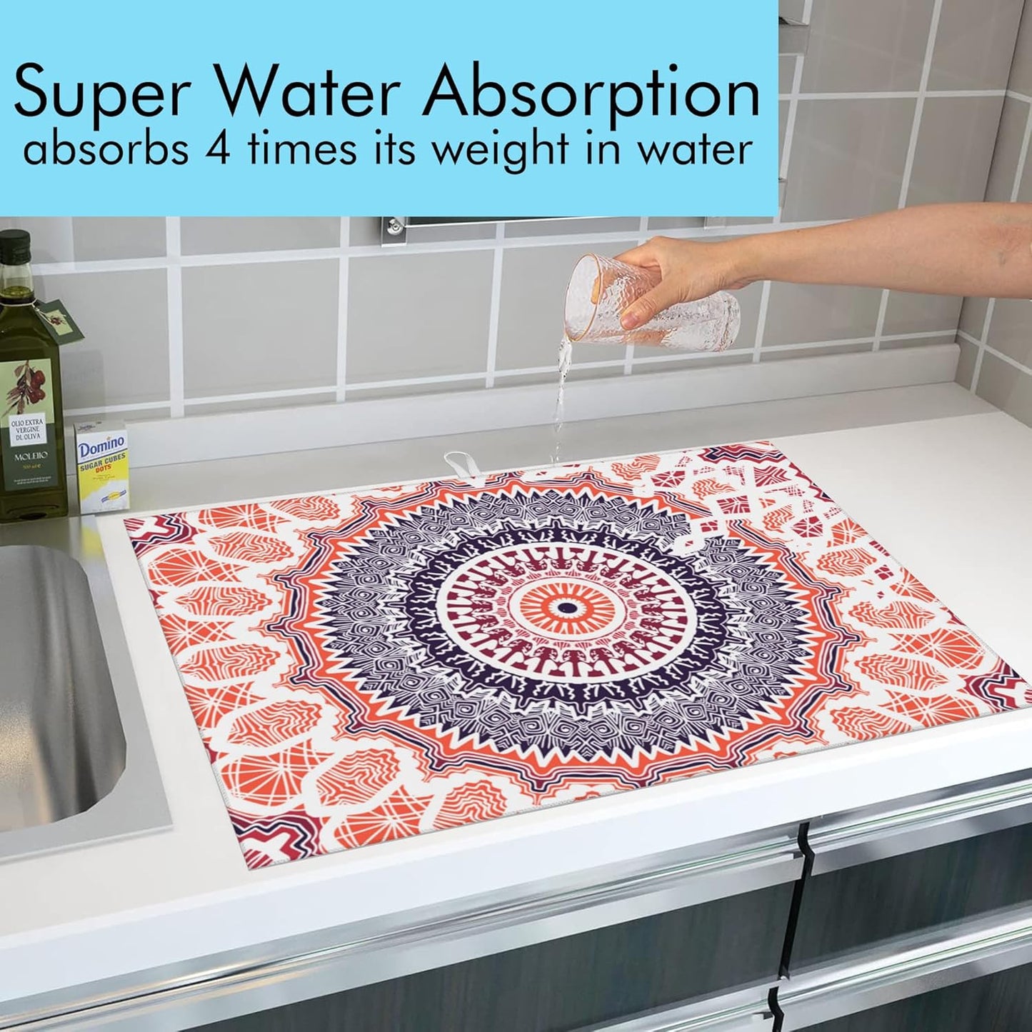 Large Dish Drying Mat for Kitchen Counter,18"X24" Mandala Flowers Super Absorbent Reversible Microfiber Dish Drying Mat Dish Drainer Mat,Dishes Mat Drying Pad for Kitchen Countertop Coffee Bar