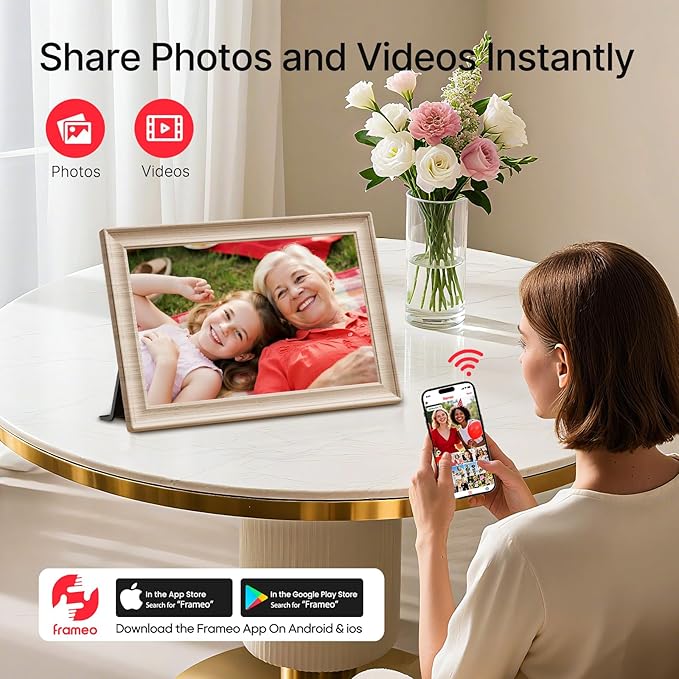 Frameo 10.1 Inch WiFi Digital Picture Frame, 1280x800 HD IPS Touch Screen Photo Frame Electronic, 32GB Storage, Auto-Rotate, Wall Mounted, Share Photos/Videos Instantly from Anywhere - White