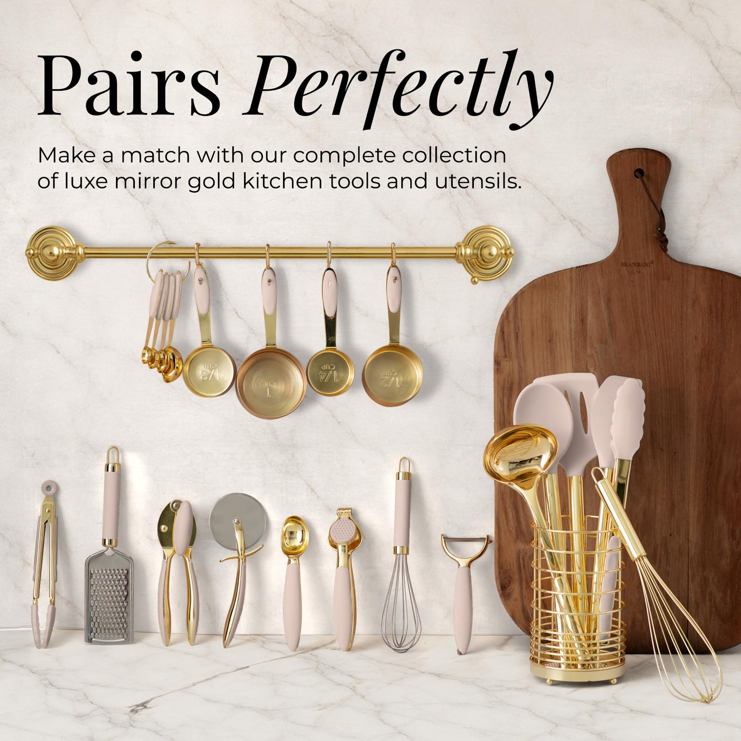 Gold and Beige Kitchen Utensils Set – 8 PC Cooking Gadgets with Mini Gold Whisk and Tongs, Pizza Cutter, Garlic Press, Cheese Grater, Peeler, Can Opener, Scoops – Stylish Beige Kitchen Accessories