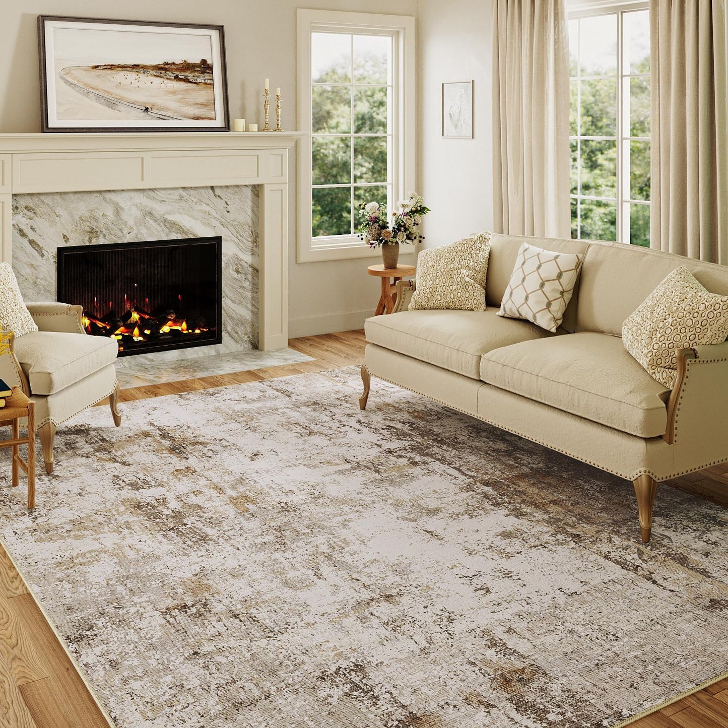 10x12 Washable Area Rug Brown Grey Abstract Neutral Living Room Bedroom Large Throw Rug Non Slip Soft Distressed Low Pile Indoor Floor Carpet for Kitchen Office Entryway