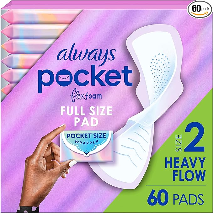 Always Pocket Feminine Pads with FlexFoam, Size 2, Heavy Flow, with Wings, Unscented, 60 Count (3 Packs of 20)