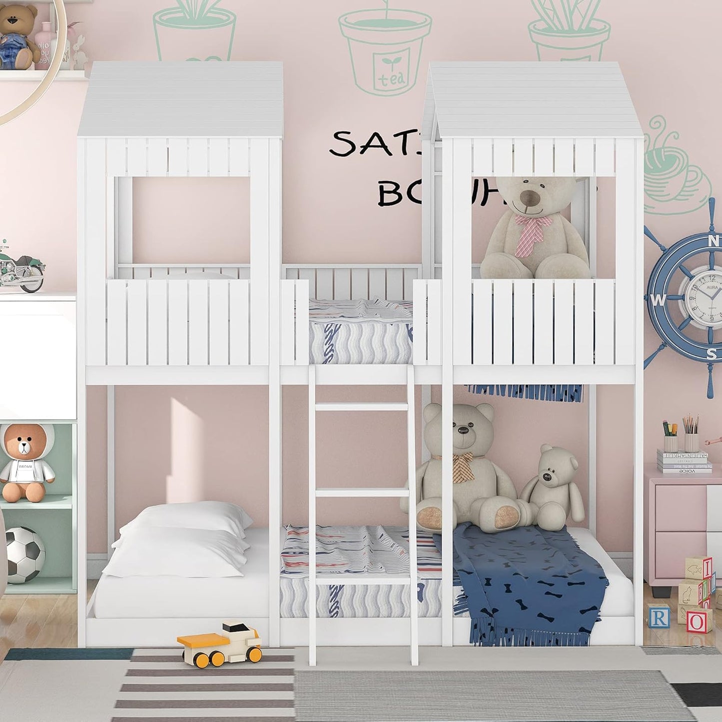 Ball & Cast Full Over Full Size Playhouse Bunk Bed with Roof and Window,Wood Bunkbed w/Full-Length Guard Rail & Ladder,Slat Support,Space Saving,Bedroom Furniture for Student Dorms,White