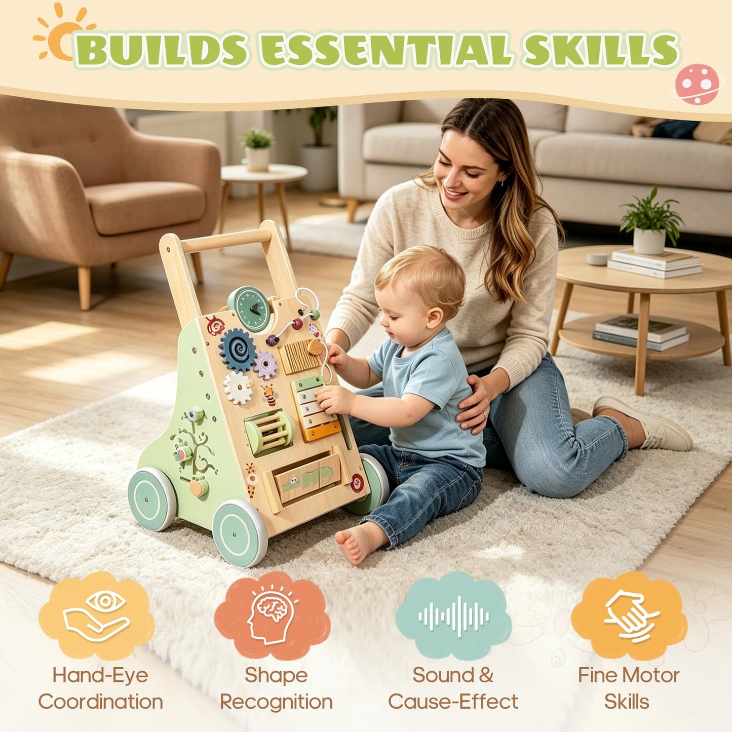 Brownroot Wooden Baby Walker with 10-in-1 Activity Center, Montessori Toddler Push Toy with Xylophone, Shape Sorter & Gears, Early Educational Learning Toy for 1+ Year Old Boys & Girls