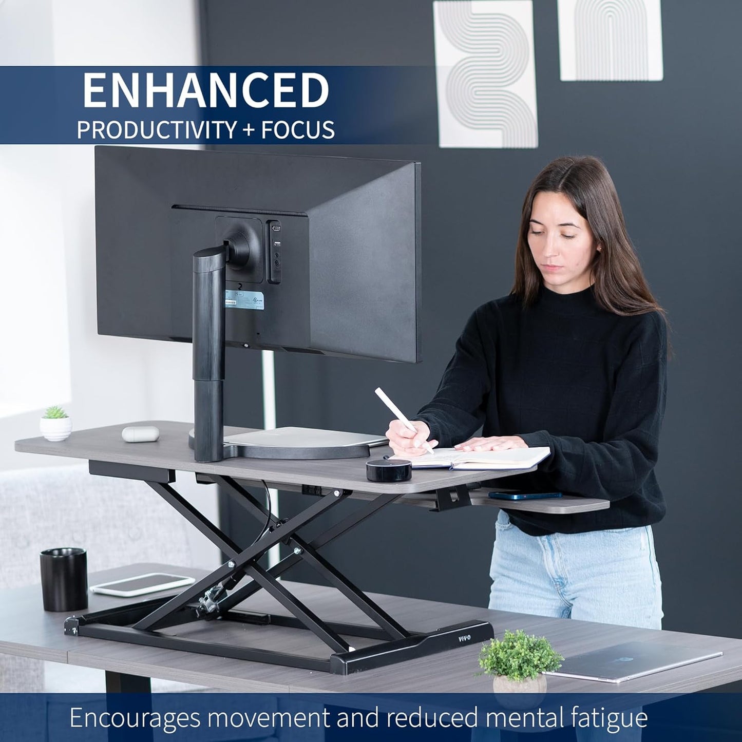 VIVO 42 inch Desk Converter, K Series, Height Adjustable Sit to Stand Riser, Dual Monitor and Laptop Workstation with Wide Keyboard Tray, Gray Top, Black Frame, DESK-V042KG