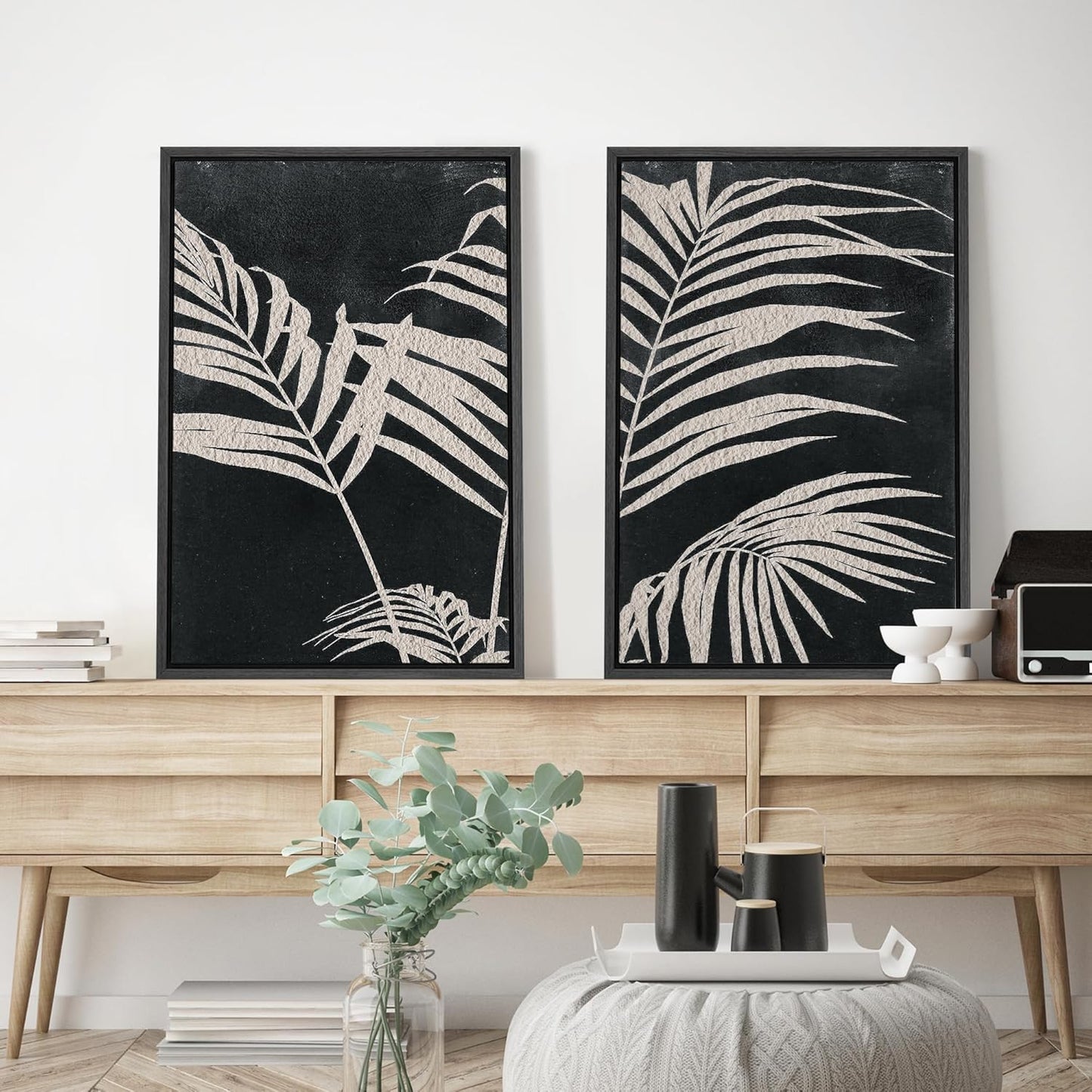 SIGNWIN Framed Canvas Print Wall Art Palm Leaf Print, Minimalist Wall Art, Black White Wall Art Prints for Living Room, Bedroom, Office - 24"x36"x2 Black