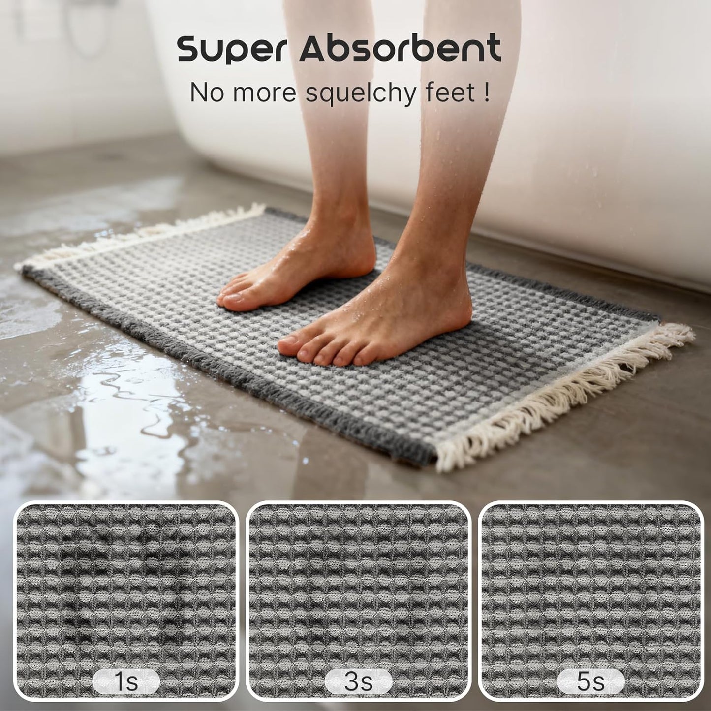 ArtyCozy Waffle Bath Mat Set of 2, Super Absorbent Soft Non-Slip Boho Bath Rugs with Flat-Woven Hot Glue Backing for Bathroom, Machine Washable Bath Mats, 20" × 47" Plus 17" × 24", Grey & White