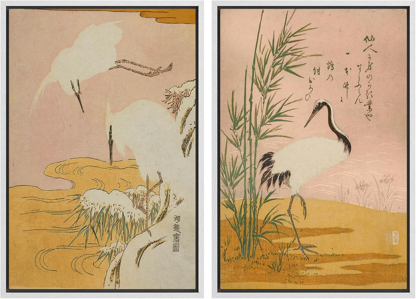 SIGNWIN Framed Canvas Print Wall Art Set Japanese Crane Vintage Style Bird and Bamboo Illustrations Modern Art Rustic Minimal for Living Room, Bedroom, Office - 24"x36"x2 White