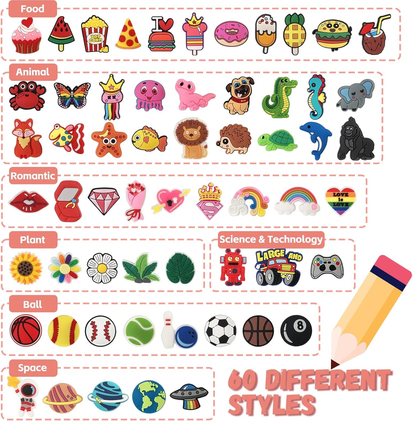 60 Pcs Cute Pencil Topper Decoration, Different Pencil Clip Designs, Suitable for School Prize, Classroom Reward, Gift Idea