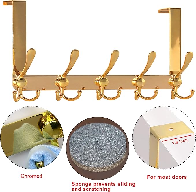 Dseap Over The Door Hook Hanger - 5 Tri Hooks, Heavy Duty Over The Door Towel Rack Coat Rack for Clothes Hat Towel, Gold, 2 Packs
