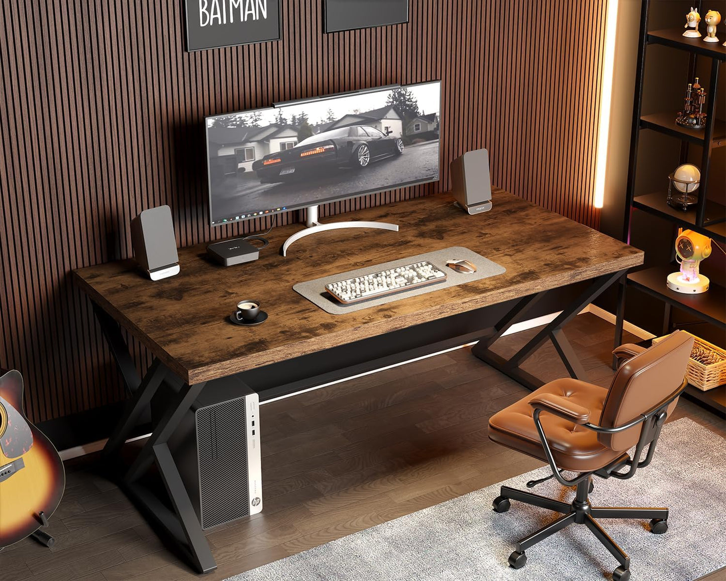 LVB Rustic Computer Desk, Metal Wood Home Office Desk, Industrial Simple Study Executive Desk for Writing Work, Wooden Student Gaming Computer PC Table with Storage for Bedroom, 55 Inch, Rustic Brown