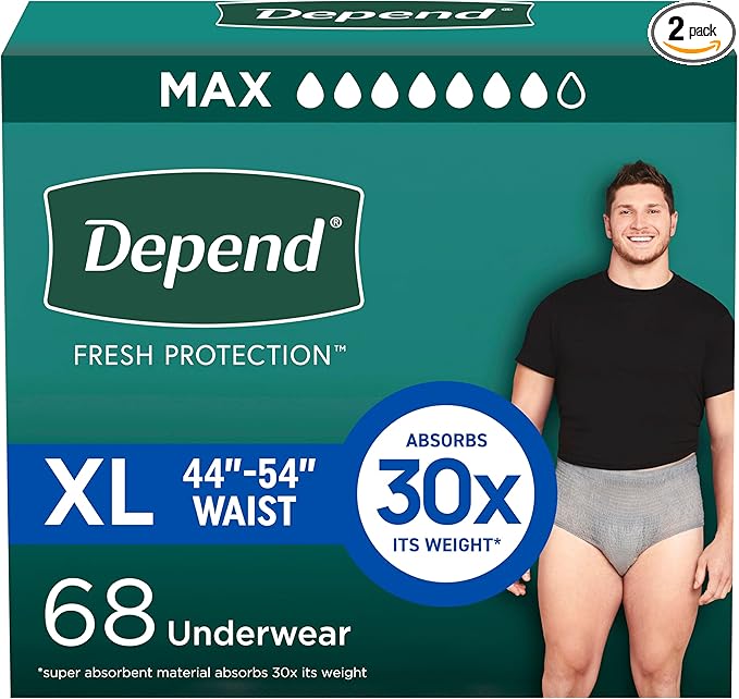 Depend Fresh Protection Adult Diapers, Incontinence Underwear for Men, Disposable, Maximum, Extra-Large, Grey, 68 Count (2 Packs of 34), Packaging May Vary