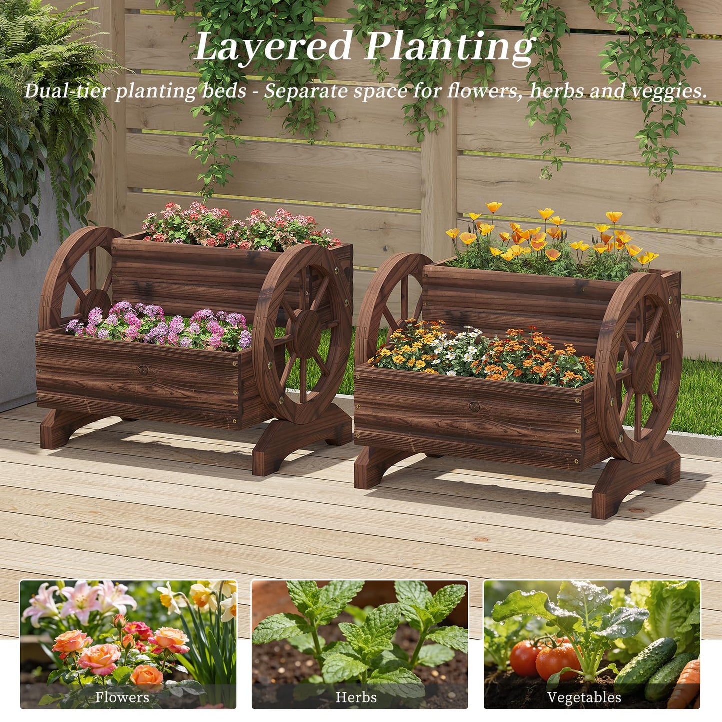 Kitsanery Wooden Planter Box,Planters for Outdoor Plants, Flower Cart for Patio Garden Balcony, Backyard Decor Garden Planters with Wheels for Flowers,Vegetables (Carbonised Colour (Dark Brown))