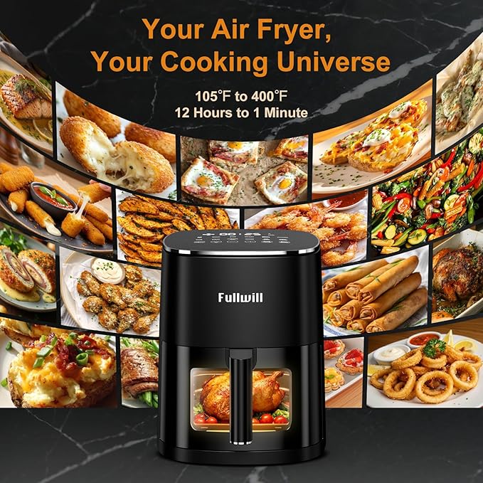 Fullwill Air Fryer with Viewing Window 6QT,5-in-1 Multi-Function(Air Fry,Roast,Bake,Reheat,Dehydrate) plus 7 One-Touch Presets for Wings,Fries,Steak and More,95% Less Oil Cooking for Families