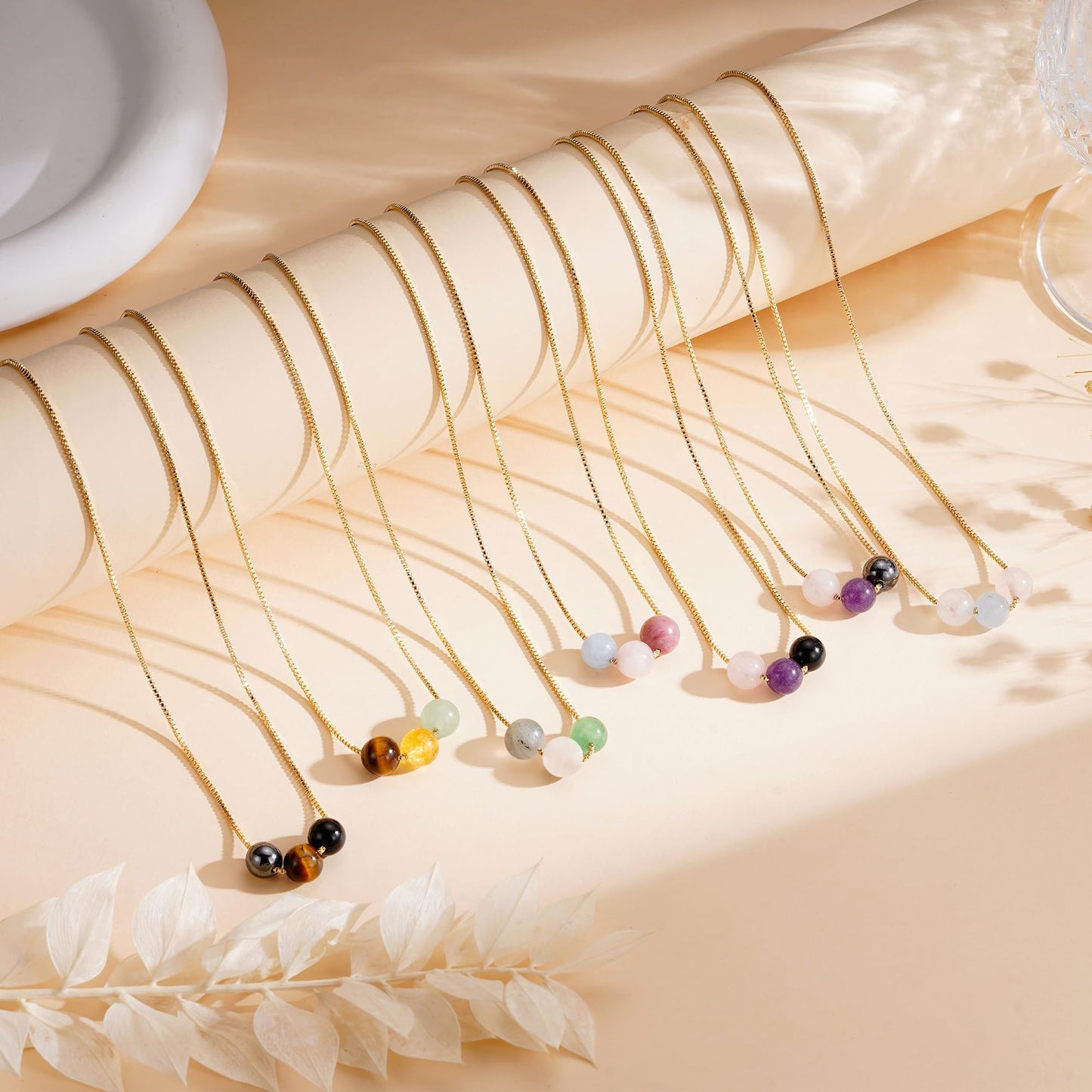 Suarlly Healing Crystal Necklace for Women 14k Plated Gold Beaded Necklace Tiger Eyes Relief Triple Protection Good Luck Gifts for Friends Sister Mom Daughter Jewelry