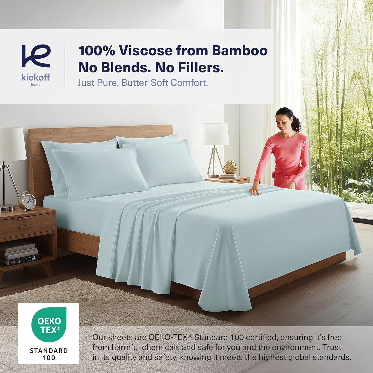 Kickoff Viscose Bamboo Sheets King Size 4-pc 100% Organic Bamboo Viscose Bed Cooling Sheets King Size Set Cool Bedding for hot Sleepers Sheet, Flat, Fitted, Pillowcases (Coastal Blue,K)