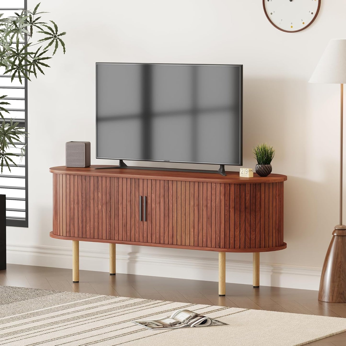 47.2" TV Stand, Modern TV Console Table with Storage Compartment and Sliding Door, Gaming Entertainment Center with Cabinet for Living Room, Bedroom, Office, Walnut