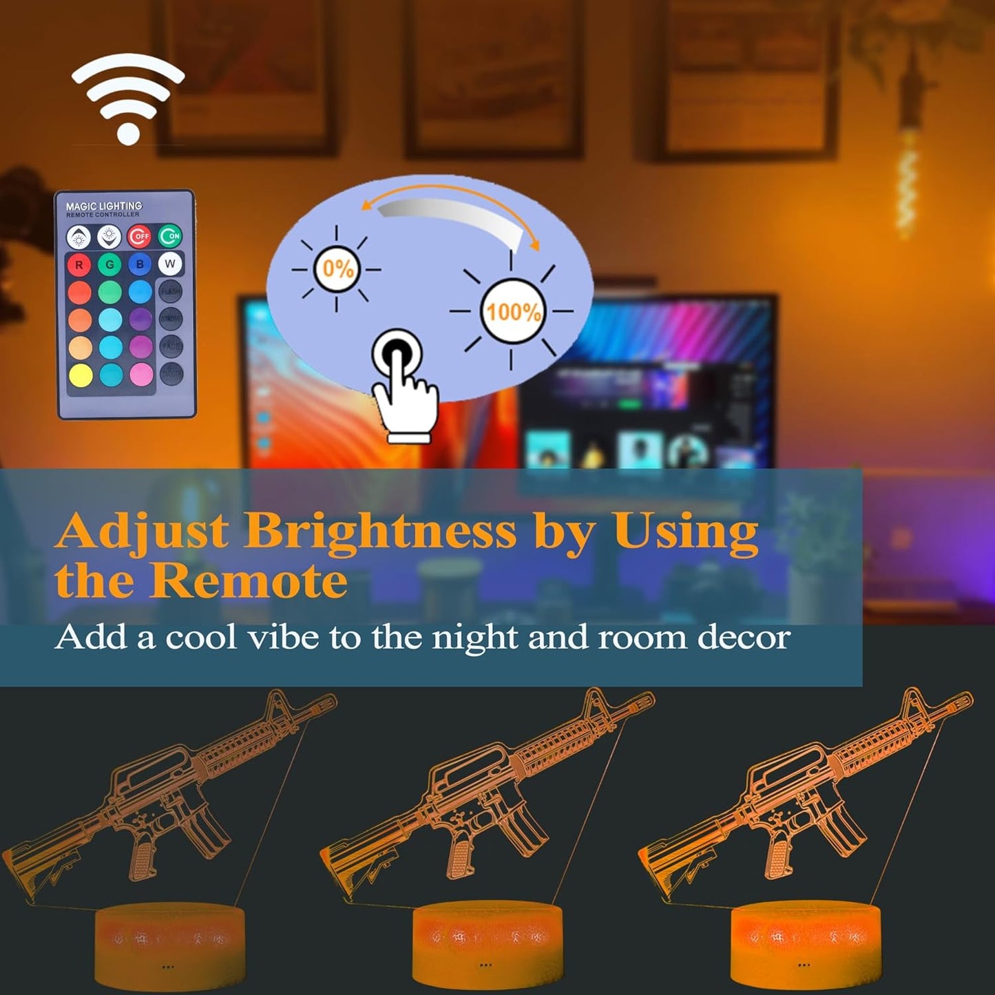 M4A1 Night Light, M4A1 Model Gifts, 3D Illusion Lamp with 16 Colors Changing, Remote Control and Dimmable, Game Living Room Decoration, Holiday Xmas Gifts