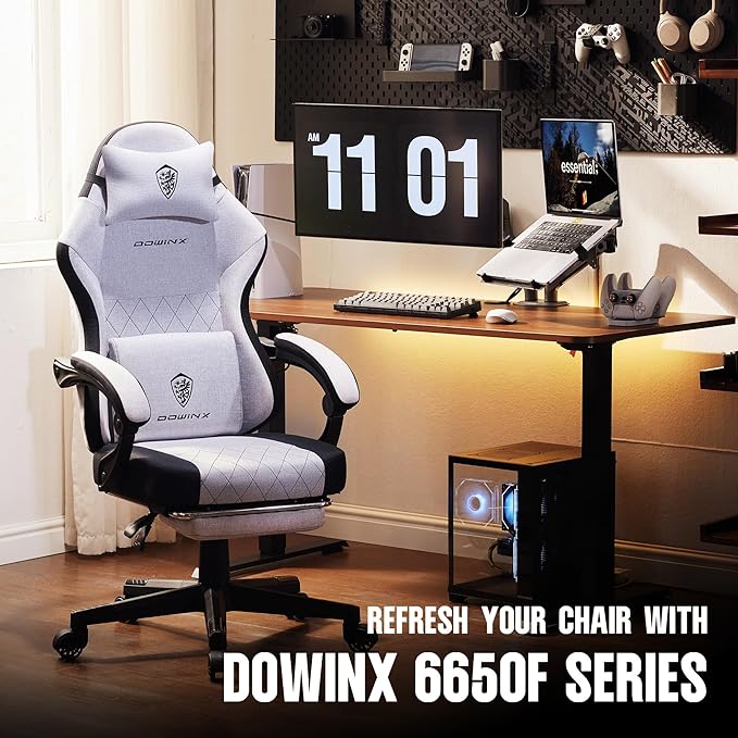 Dowinx Fabric Gaming Chair, Ergonomic Computer Chair with Footrest and Pocket Spring Cushion, Height Adjustable Video Gamer Chair with Lumbar Support for Adults, White Grey