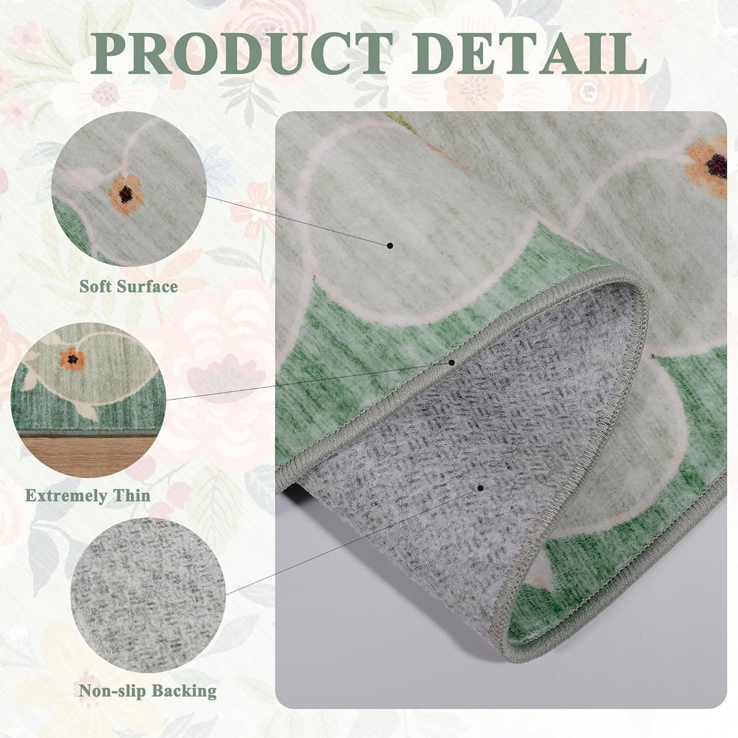 DUKINO 3x10 Runner Rug for Hallway, Washable Kitchen Floral Runner Rug with Non Slip Backing, Low Pile Soft Boho Carpet for Kitchen, Hallway, Entryway, Laundry, Bedroom, Green